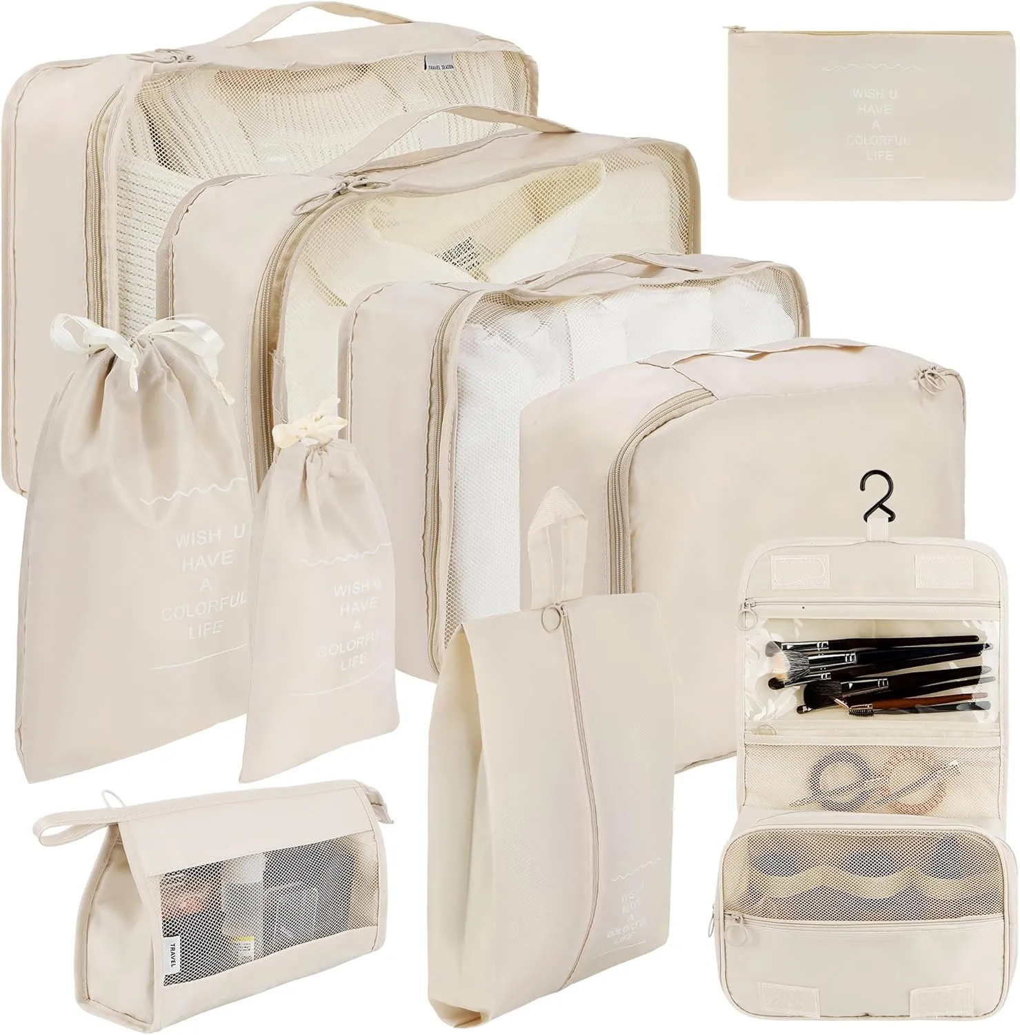 10 Set Packing Cubes, Packing Cubes for Travel Beige Suitcase Organizer with Toiletry Bag Travel Cubes for Packing Mesh Breathable Luggage Organizer Bags Travel Essentials for Women Travel Accessories