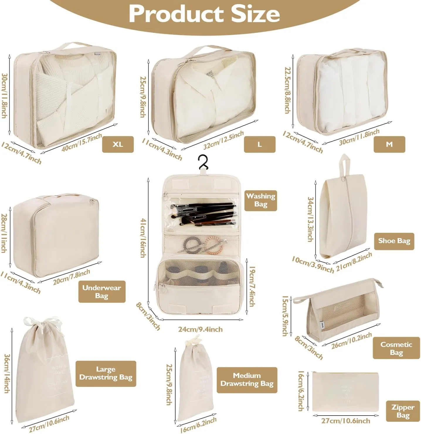 10 Set Packing Cubes, Packing Cubes for Travel Beige Suitcase Organizer with Toiletry Bag Travel Cubes for Packing Mesh Breathable Luggage Organizer Bags Travel Essentials for Women Travel Accessories