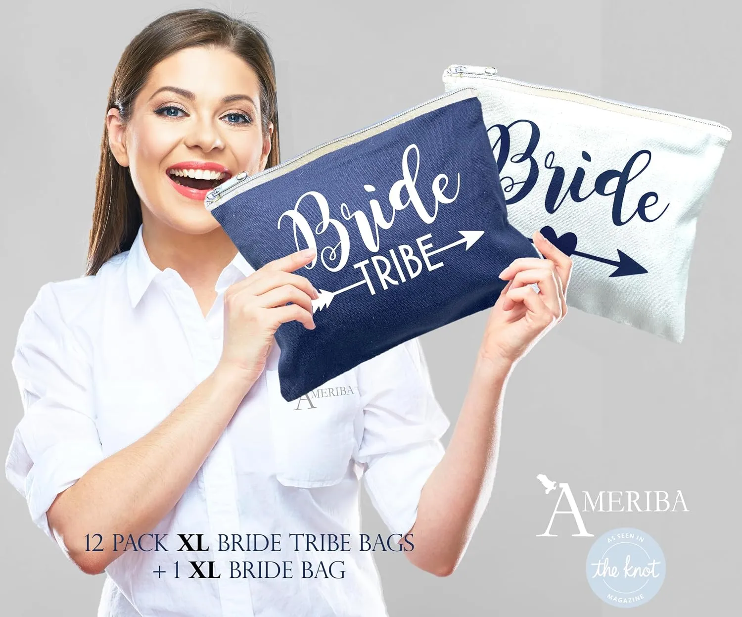 12 PACK SET   1 BRIDE BAG Premium Natural Cotton Canvas Makeup Bag- Bridesmaids Gifts for the Bachelorette Party or Bridal Shower