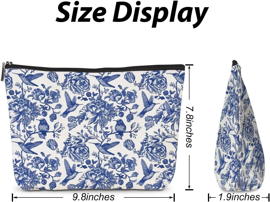 1Pcs Floral Decor Gift for Women, Floral Decor Makeup Bags with Zipper, Blue Flowers Printing Travel Make Up Pouch, Perfect for Women Girls Birthday Gifts