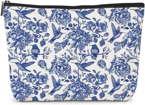 1Pcs Floral Decor Gift for Women, Floral Decor Makeup Bags with Zipper, Blue Flowers Printing Travel Make Up Pouch, Perfect for Women Girls Birthday Gifts