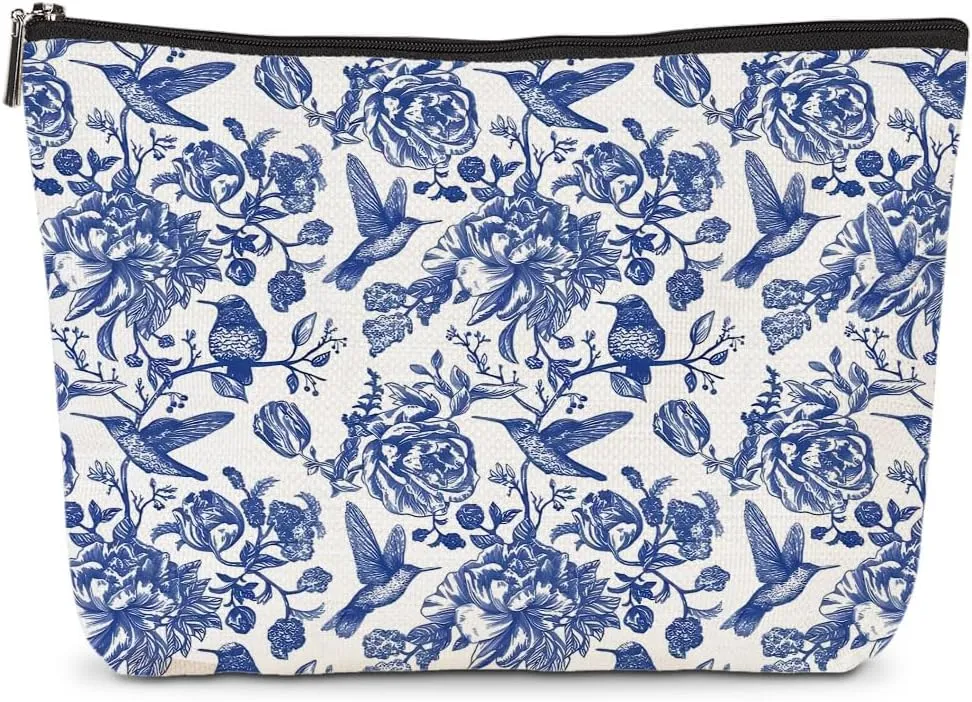 1Pcs Floral Decor Gift for Women, Floral Decor Makeup Bags with Zipper, Blue Flowers Printing Travel Make Up Pouch, Perfect for Women Girls Birthday Gifts