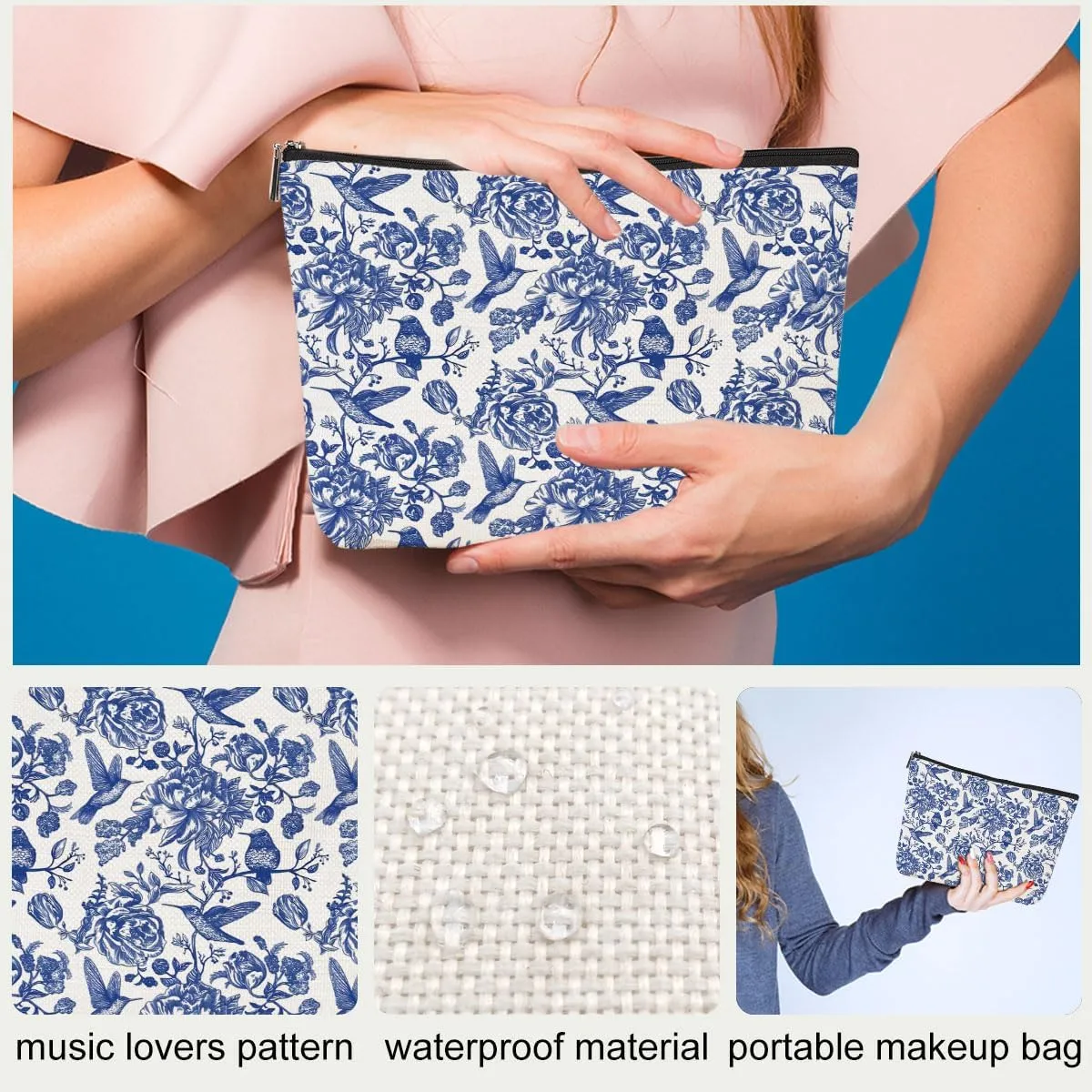 1Pcs Floral Decor Gift for Women, Floral Decor Makeup Bags with Zipper, Blue Flowers Printing Travel Make Up Pouch, Perfect for Women Girls Birthday Gifts