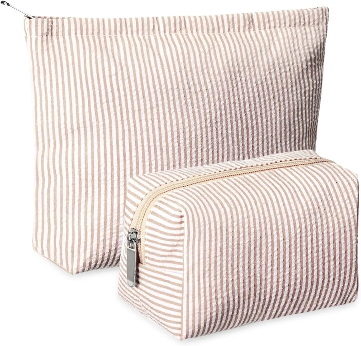 2 Pieces Makeup Bag Set Cute Cosmetic Pouch for Women Travel Toiletry Bag Preppy Small Makeup Purse Pouch Aesthetic Skincare Brushes Storage Organizer for Women(Khaki)