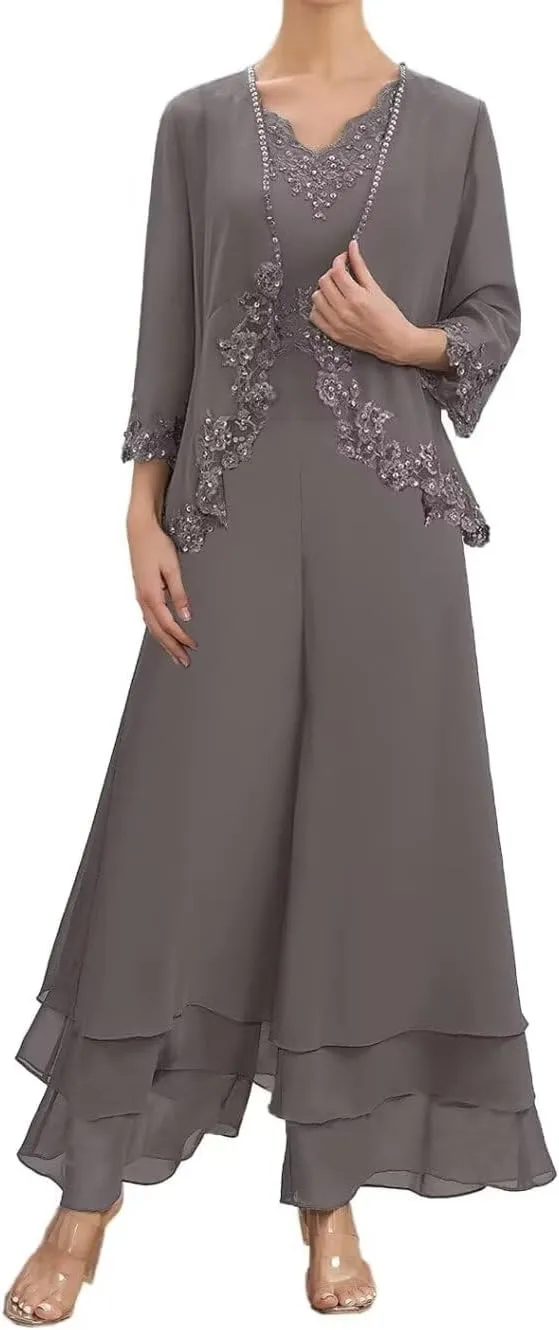 2 Pieces Mother of The Bride Pant Suits Long Sleeve Chiffon Lace Appliques Outfit Set Wedding Guest Dress with Jacket