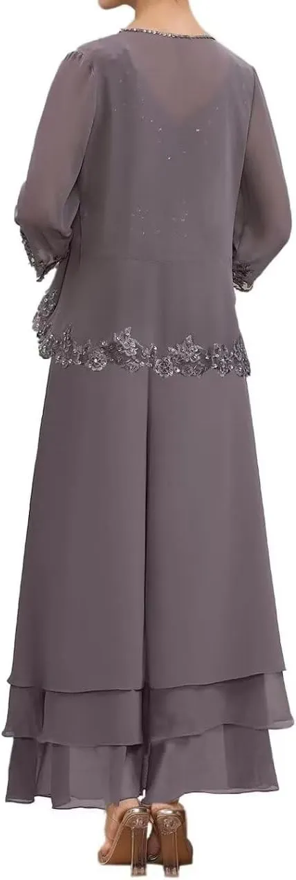 2 Pieces Mother of The Bride Pant Suits Long Sleeve Chiffon Lace Appliques Outfit Set Wedding Guest Dress with Jacket