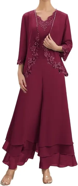2 Pieces Mother of The Bride Pant Suits Long Sleeve Chiffon Lace Appliques Outfit Set Wedding Guest Dress with Jacket