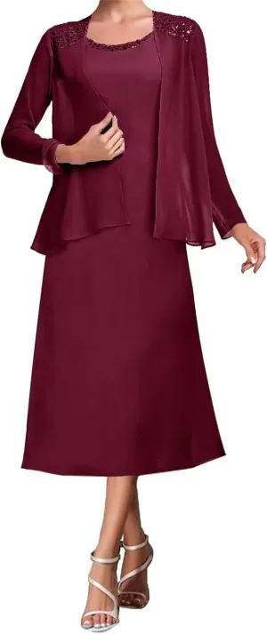 2 Pieces Tea Length Mother of The Bride Dresses for Wedding Beaded Chiffon Formal Evening Gowns with Jacket