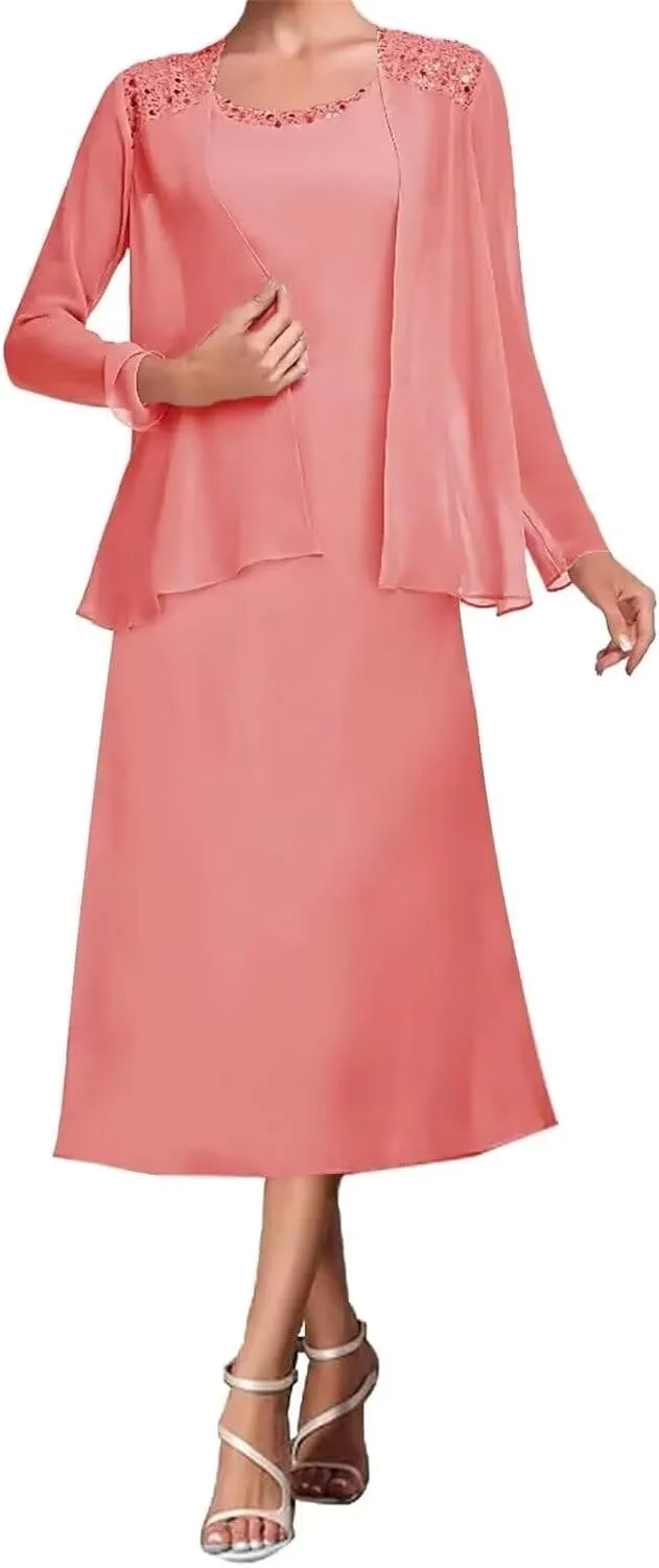 2 Pieces Tea Length Mother of The Bride Dresses for Wedding Beaded Chiffon Formal Evening Gowns with Jacket