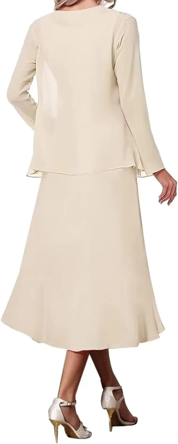2 Pieces Tea Length Mother of The Bride Dresses for Wedding Beaded Chiffon Formal Evening Gowns with Jacket