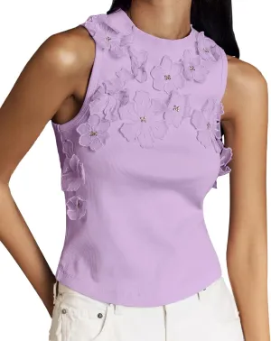 3-D Floral Applique Sleeveless Tops for Women Summer Ribbed Knit Slim Fitted Crop Tank Tops Shirts