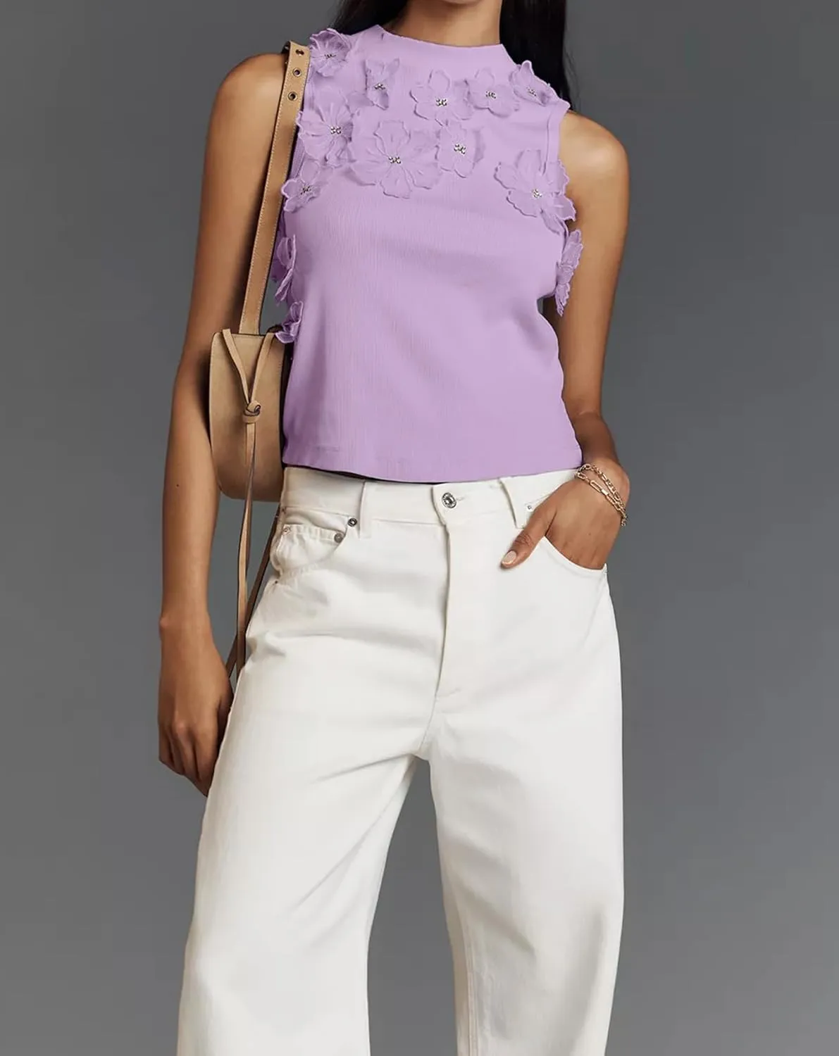 3-D Floral Applique Sleeveless Tops for Women Summer Ribbed Knit Slim Fitted Crop Tank Tops Shirts