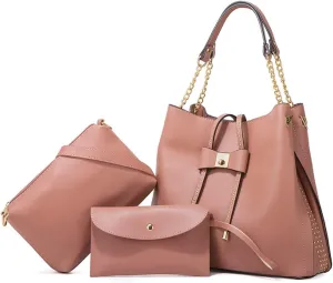 3-PC Tote Bags Faux Leather Purses and Handbags for Women Top-handle Bags Bowknot Shoulder Satchel Hobo Bags Yellow