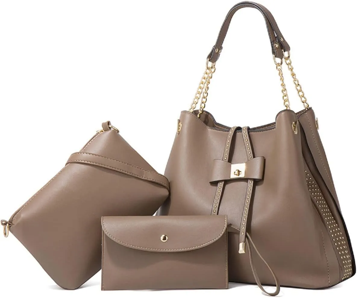 3-PC Tote Bags Faux Leather Purses and Handbags for Women Top-handle Bags Bowknot Shoulder Satchel Hobo Bags Yellow