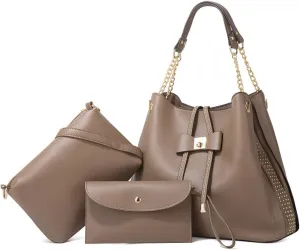 3-PC Tote Bags Faux Leather Purses and Handbags for Women Top-handle Bags Bowknot Shoulder Satchel Hobo Bags Yellow