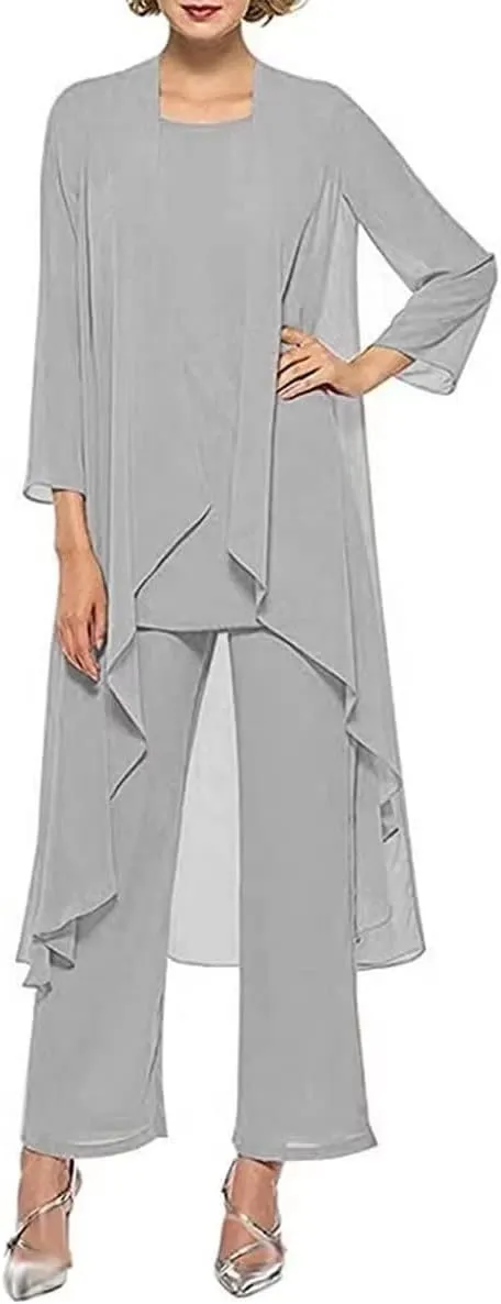3 PCS Mother of The Bride Dresses Pant Suits for Women Long Sleeve Chiffon Formal Pant Suits for Wedding
