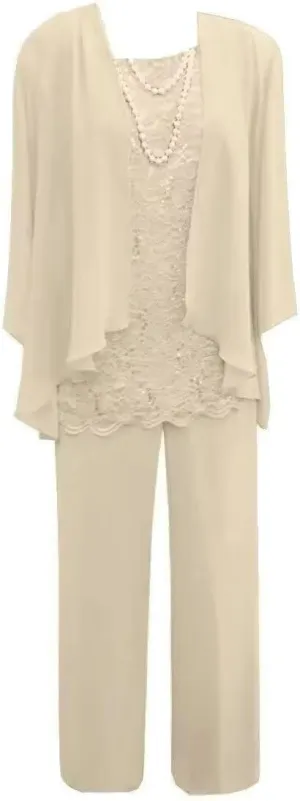 3 Pcs Mother of The Bride Pant Suits for Wedding Long Sleeve Chiffon Formal Evening Gowns with Jacket