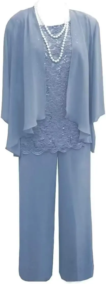 3 Pcs Mother of The Bride Pant Suits for Wedding Long Sleeve Chiffon Formal Evening Gowns with Jacket