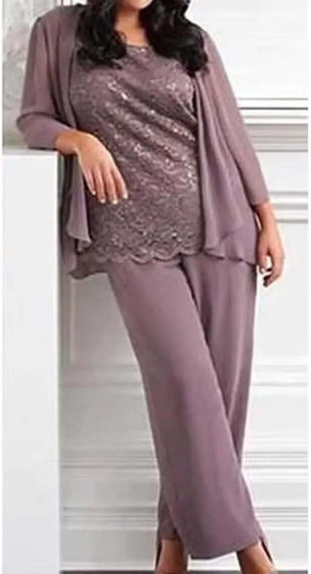 3 Pcs Mother of The Bride Pant Suits for Wedding Long Sleeve Chiffon Formal Evening Gowns with Jacket