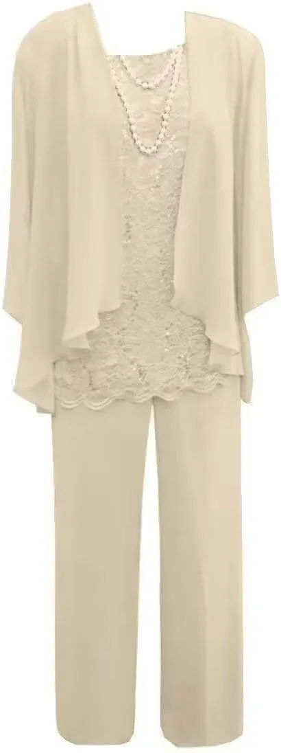 3 Pcs Mother of The Bride Pant Suits for Wedding Long Sleeve Chiffon Formal Evening Gowns with Jacket