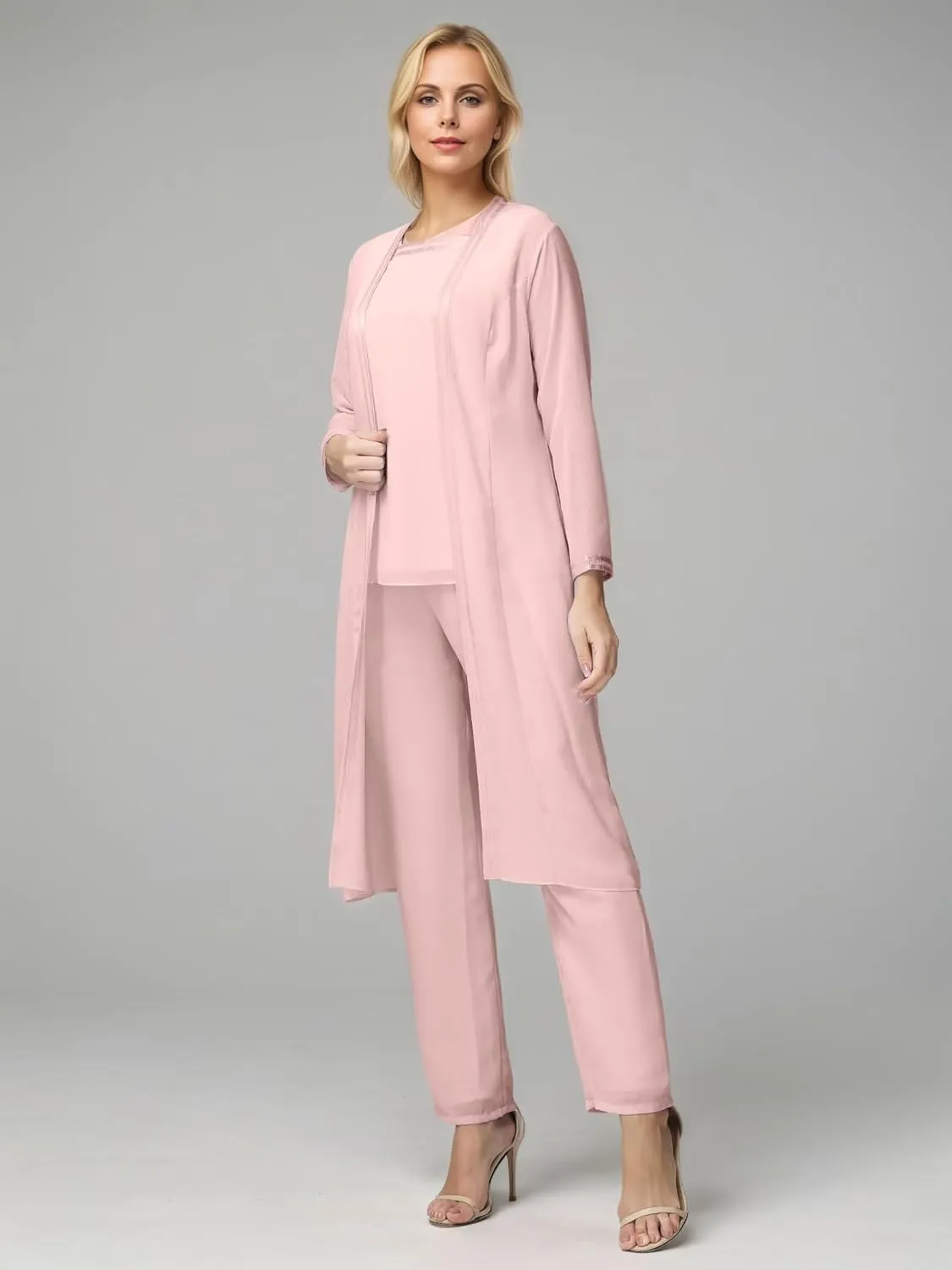 3 Pieces Long Sleeves Mother of The Bride Pants Suits with Jacket Chiffon Formal Evening Dress