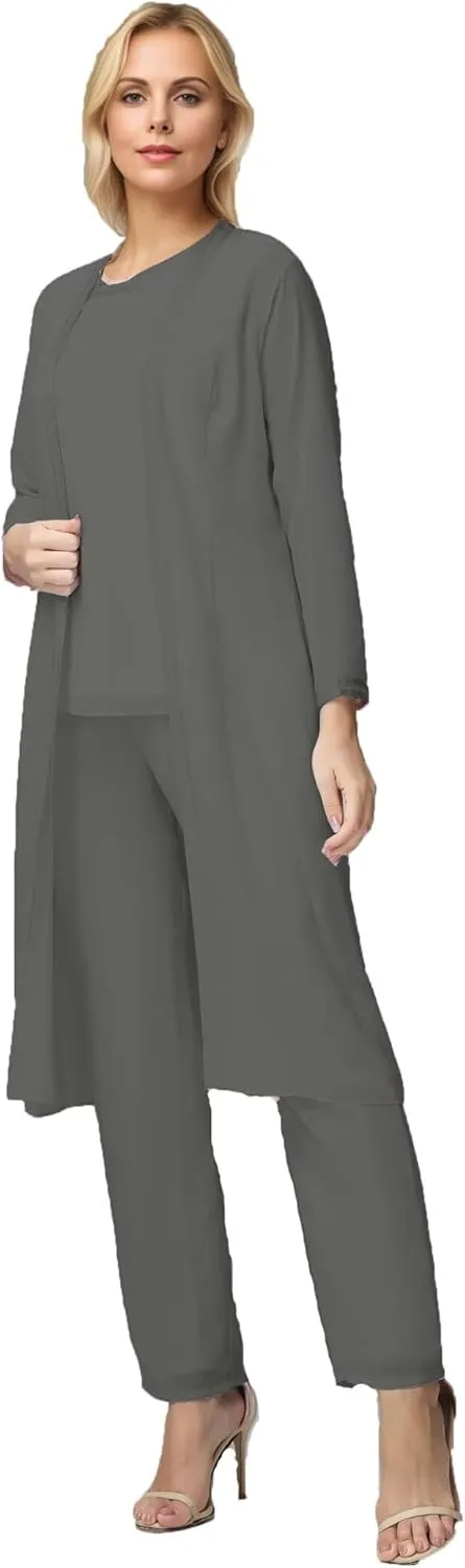 3 Pieces Long Sleeves Mother of The Bride Pants Suits with Jacket Chiffon Formal Evening Dress
