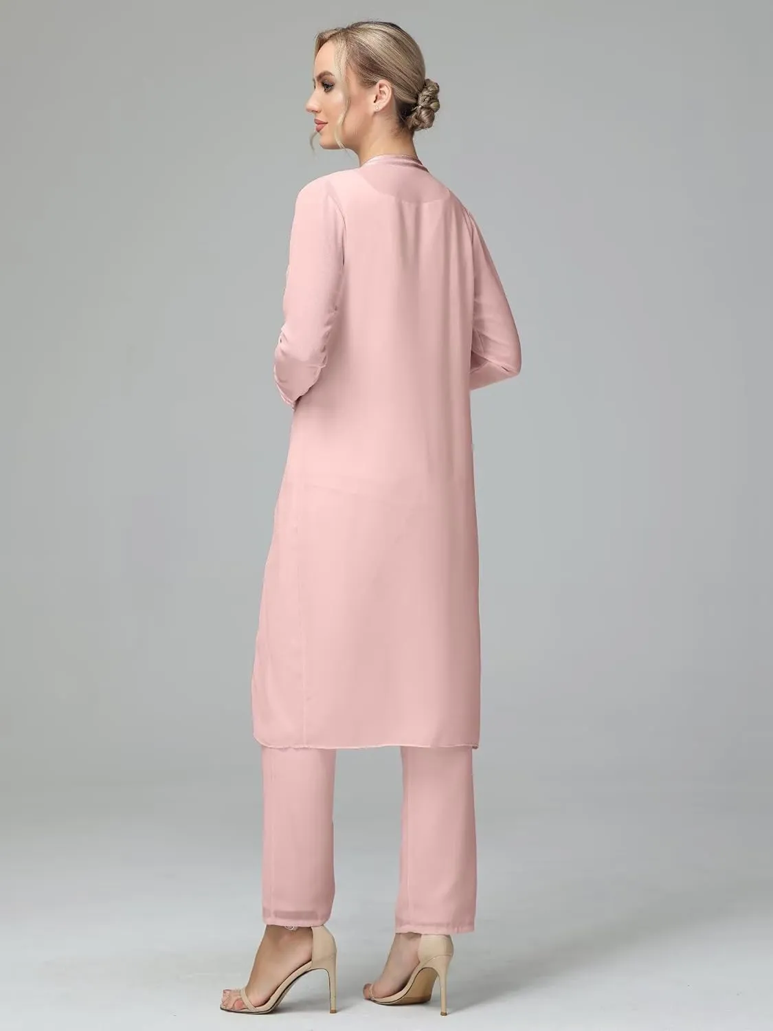 3 Pieces Long Sleeves Mother of The Bride Pants Suits with Jacket Chiffon Formal Evening Dress