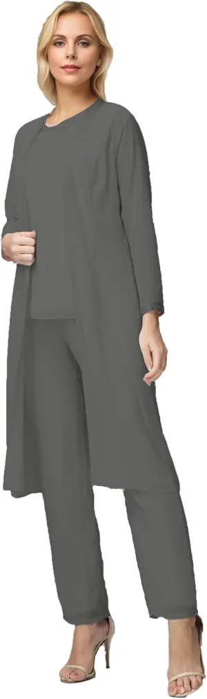 3 Pieces Long Sleeves Mother of The Bride Pants Suits with Jacket Chiffon Formal Evening Dress