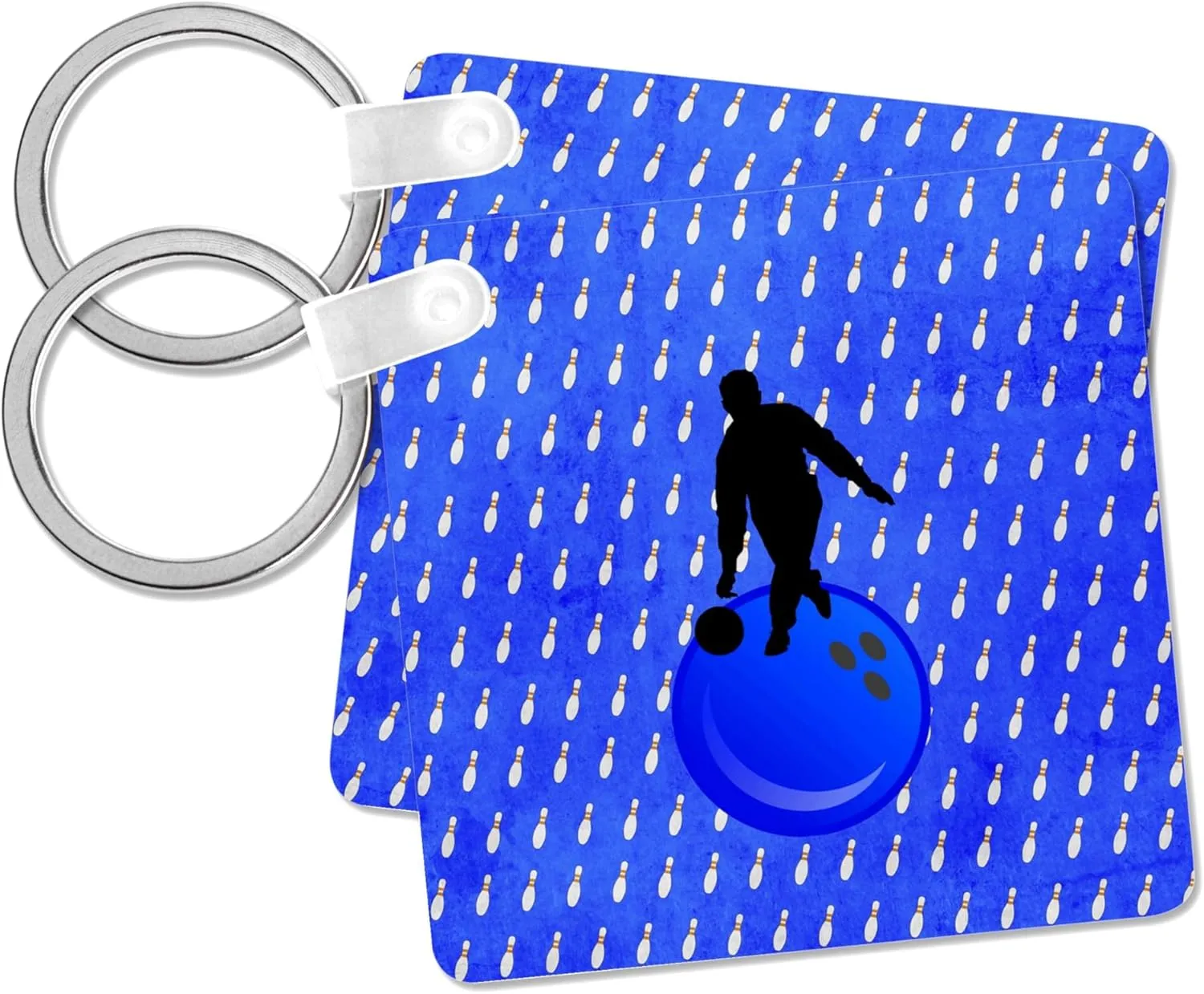 3dRose, Woman on Bowling Ball with Bowling Pin Background, Royal Blue, Red, Black, Key Chain