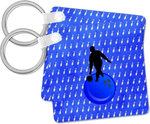 3dRose, Woman on Bowling Ball with Bowling Pin Background, Royal Blue, Red, Black, Key Chain