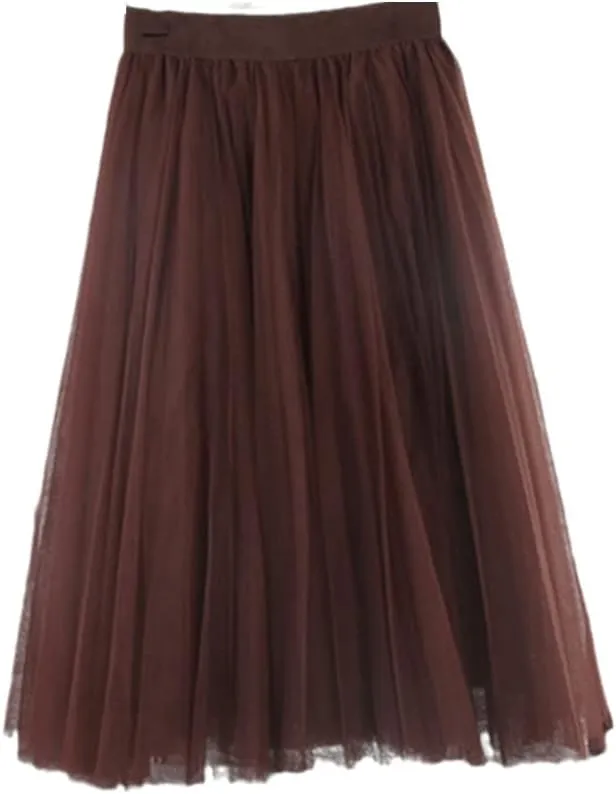 4 Layers Tulle Skirts Women Tulle Skirt Elastic High Waist Pleated Midi Skirt