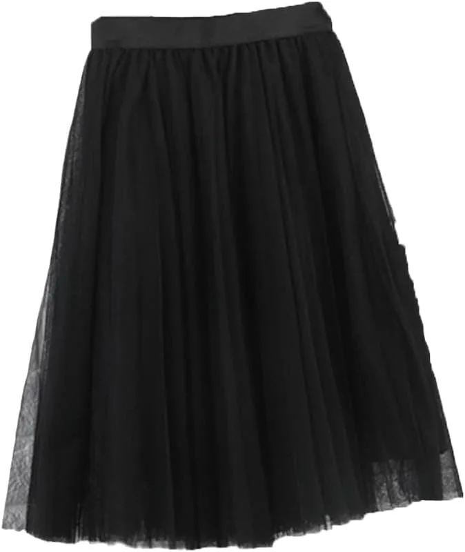 4 Layers Tulle Skirts Women Tulle Skirt Elastic High Waist Pleated Midi Skirt