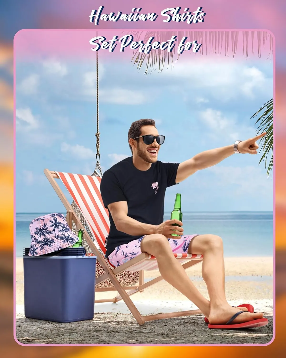 4 Pcs Men's Hawaiian Outfit Shirt and Short Set Summer Coconut Tree Tracksuit Drawstring Short Bucket Hat Sunglasses