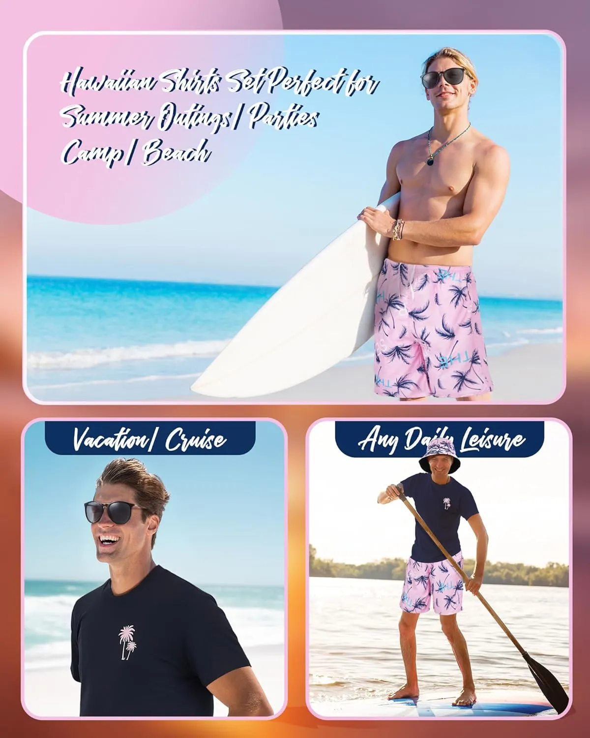 4 Pcs Men's Hawaiian Outfit Shirt and Short Set Summer Coconut Tree Tracksuit Drawstring Short Bucket Hat Sunglasses
