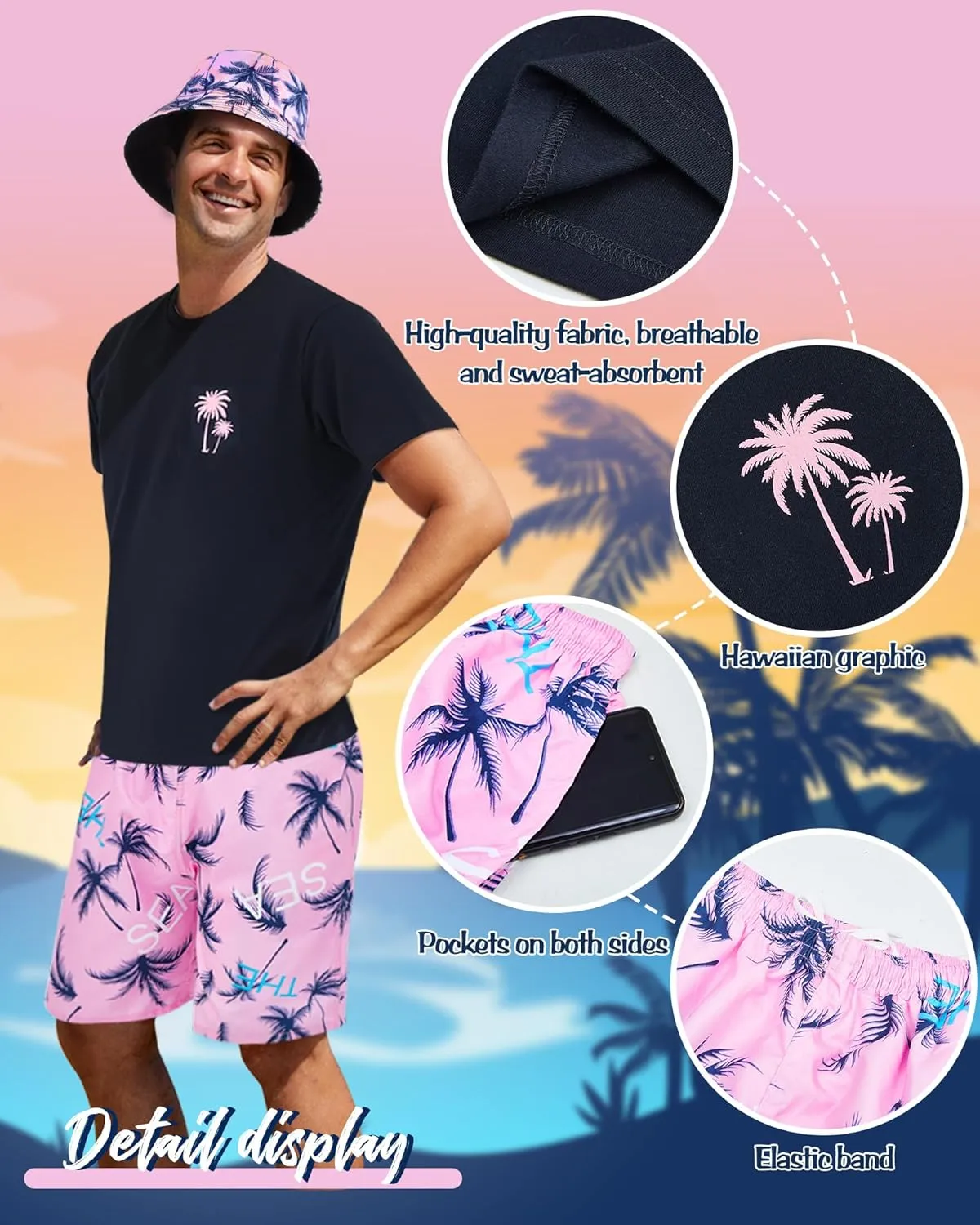 4 Pcs Men's Hawaiian Outfit Shirt and Short Set Summer Coconut Tree Tracksuit Drawstring Short Bucket Hat Sunglasses