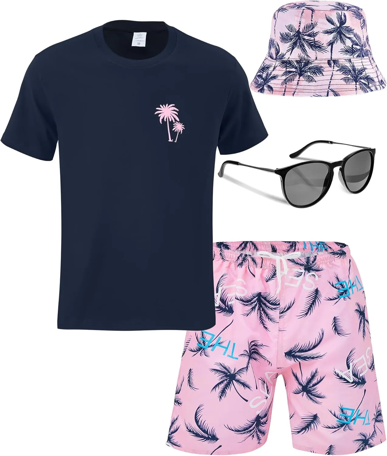 4 Pcs Men's Hawaiian Outfit Shirt and Short Set Summer Coconut Tree Tracksuit Drawstring Short Bucket Hat Sunglasses