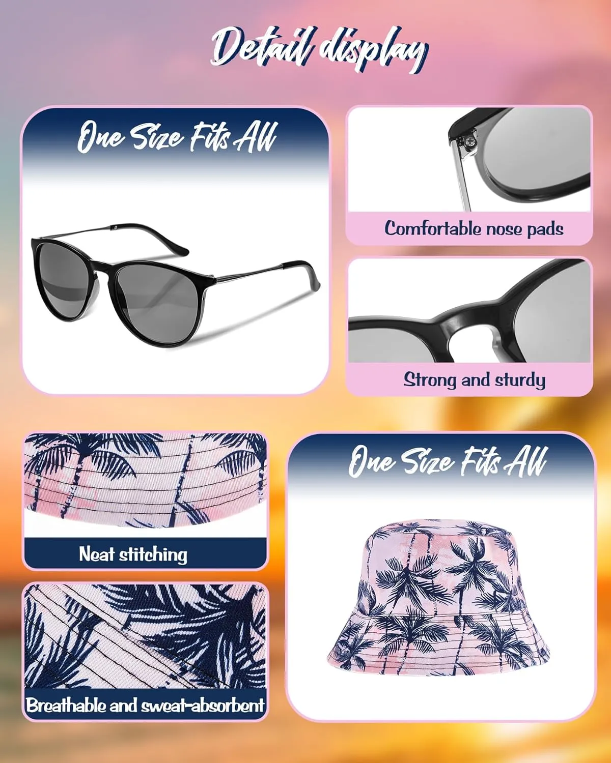 4 Pcs Men's Hawaiian Outfit Shirt and Short Set Summer Coconut Tree Tracksuit Drawstring Short Bucket Hat Sunglasses