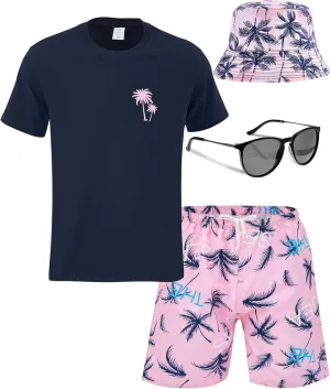 4 Pcs Men's Hawaiian Outfit Shirt and Short Set Summer Coconut Tree Tracksuit Drawstring Short Bucket Hat Sunglasses