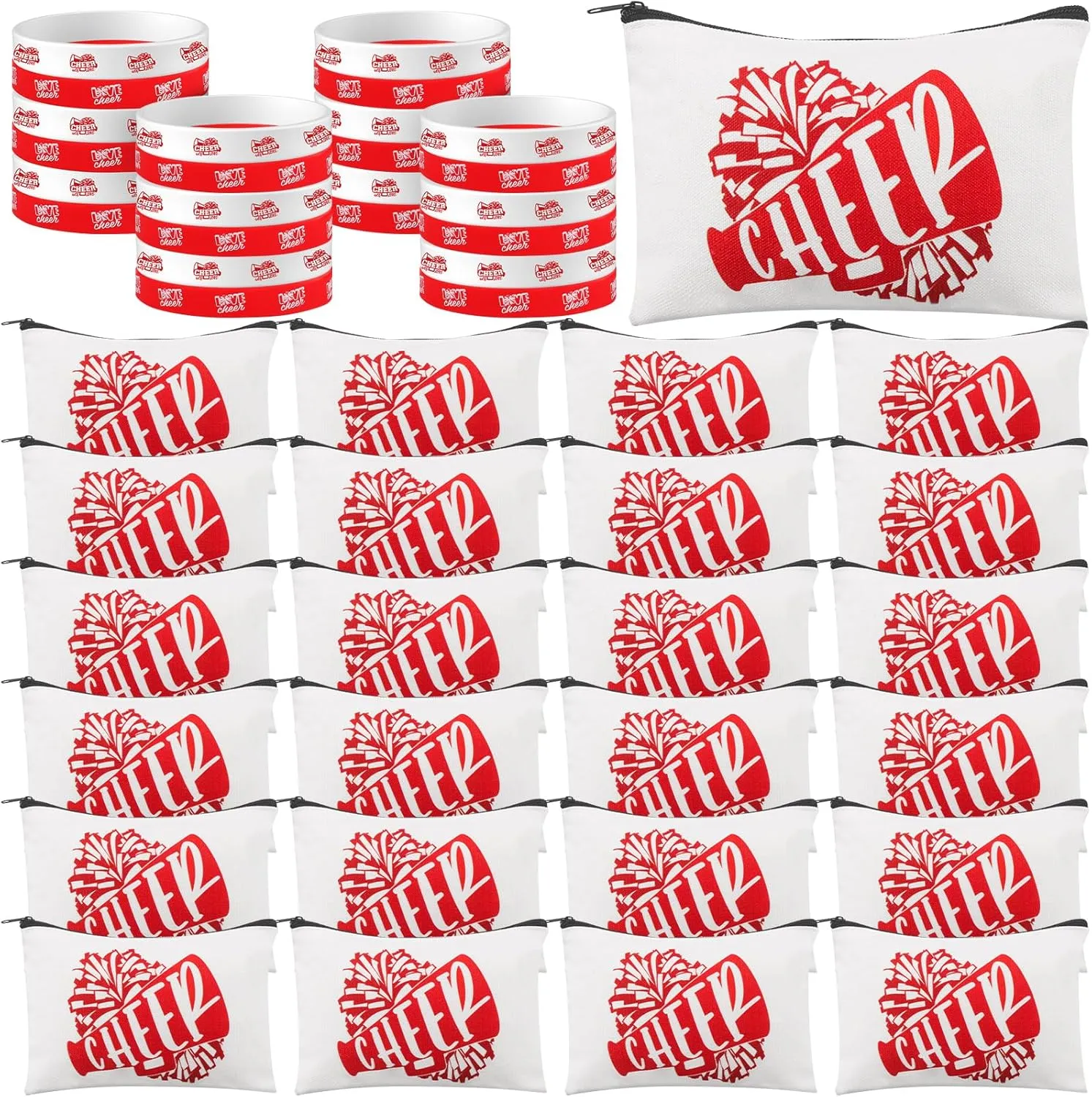 48 Pack Cheerleader Gifts Cheer Stuff Cheer Makeup Bag and Cheer Bracelets Set Funny Love Cheer and Cheer with Love Motivational Silicone Wristband for Cheerleading Team Birthday Friendship Gifts