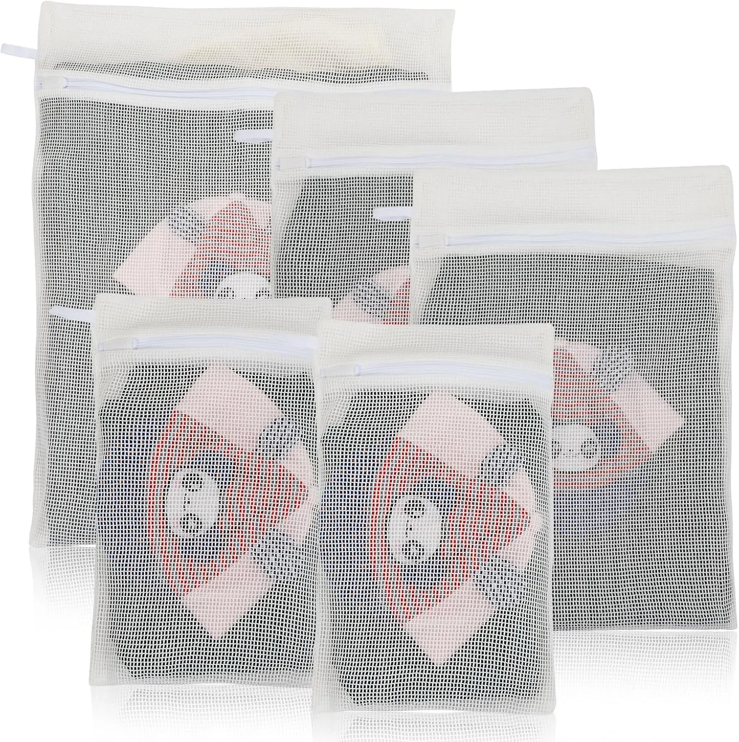 5-Piece Organic Cotton Laundry Bags with Zipper and Hanging Loop, 3 Sizes (S, M, L) Mesh Laundry Bag, Durable Cotton Mesh Laundry Bag for Delicate Underwear and Socks.