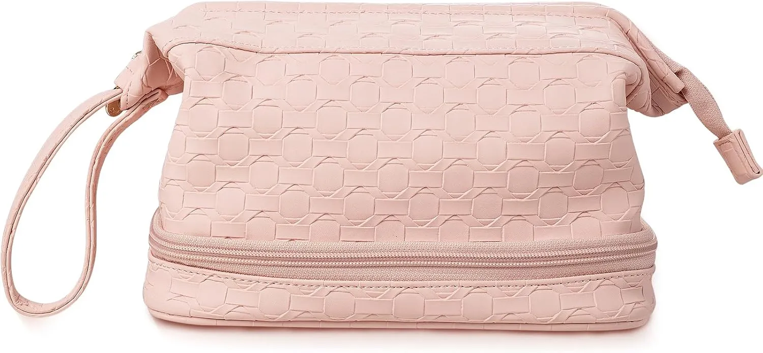 Abiudeng Travel Toiletry Bag for Women,Travel Size Toiletries Organizer for Accessories,Water-resistant Makeup Cosmetic Bag for Portable,Shampoo,Brushes Set,Toiletries pink