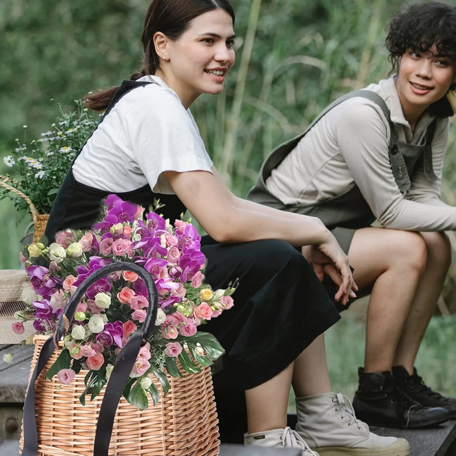 ABOOFAN Wicker Handbag Woven Rattan Storage Basket Top Handles Wedding Flower Girl Baskets Boho Style Beach Bag Straw Tote Retro Summer Clutch Beach Basket Purse Black