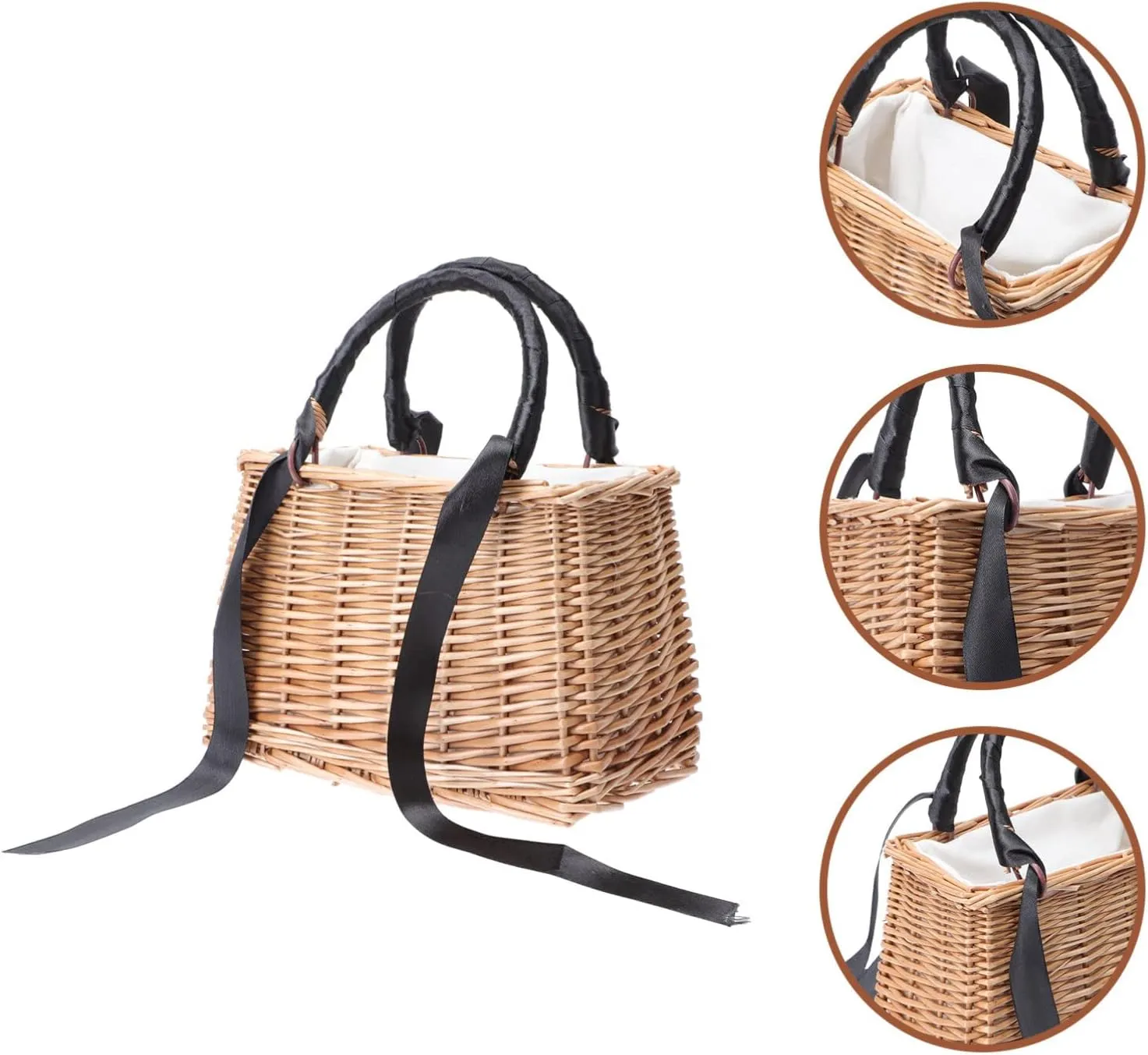 ABOOFAN Wicker Handbag Woven Rattan Storage Basket Top Handles Wedding Flower Girl Baskets Boho Style Beach Bag Straw Tote Retro Summer Clutch Beach Basket Purse Black