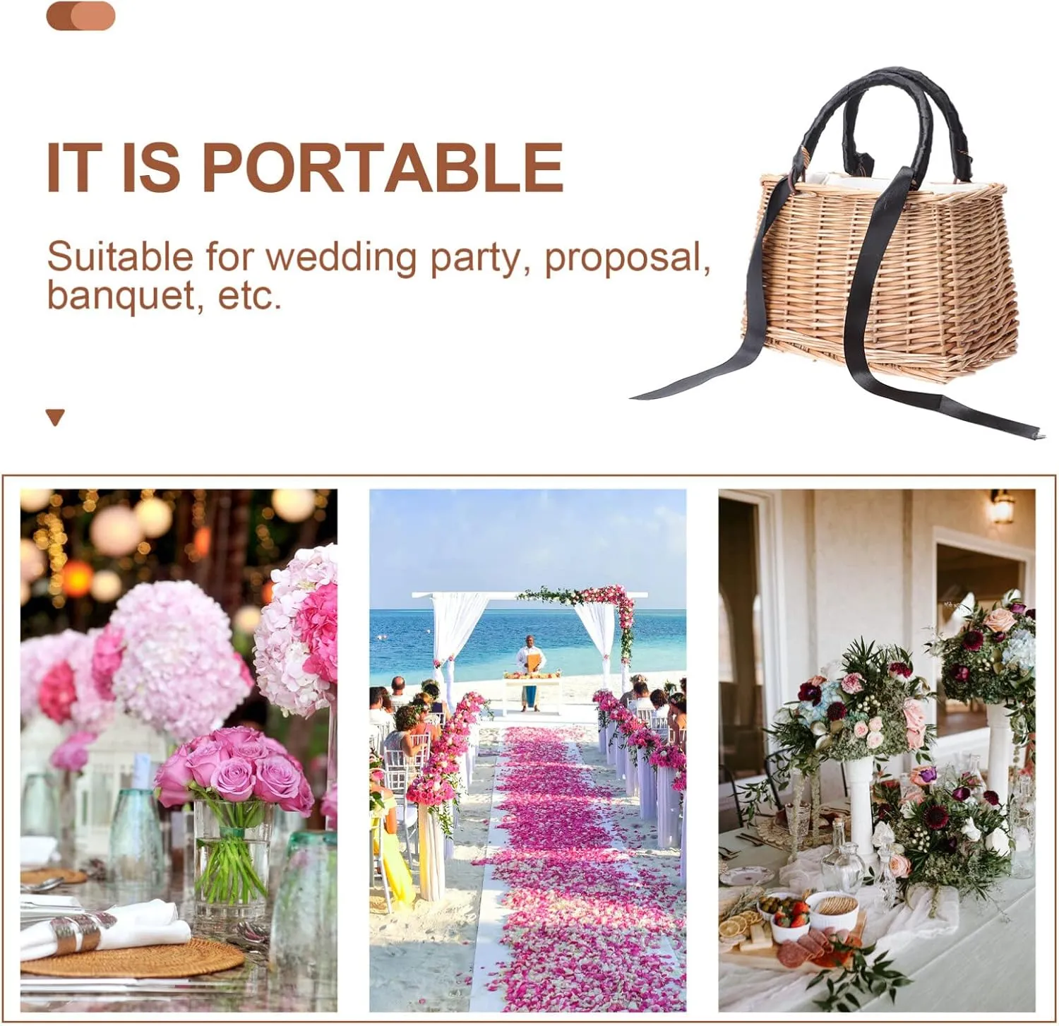 ABOOFAN Wicker Handbag Woven Rattan Storage Basket Top Handles Wedding Flower Girl Baskets Boho Style Beach Bag Straw Tote Retro Summer Clutch Beach Basket Purse Black