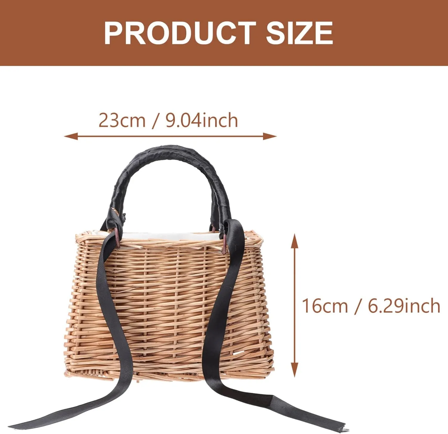 ABOOFAN Wicker Handbag Woven Rattan Storage Basket Top Handles Wedding Flower Girl Baskets Boho Style Beach Bag Straw Tote Retro Summer Clutch Beach Basket Purse Black