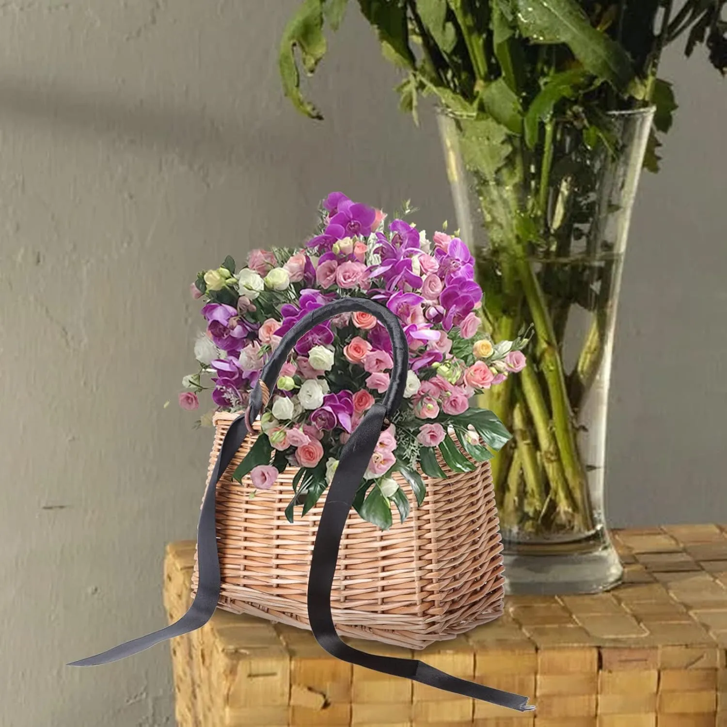ABOOFAN Wicker Handbag Woven Rattan Storage Basket Top Handles Wedding Flower Girl Baskets Boho Style Beach Bag Straw Tote Retro Summer Clutch Beach Basket Purse Black