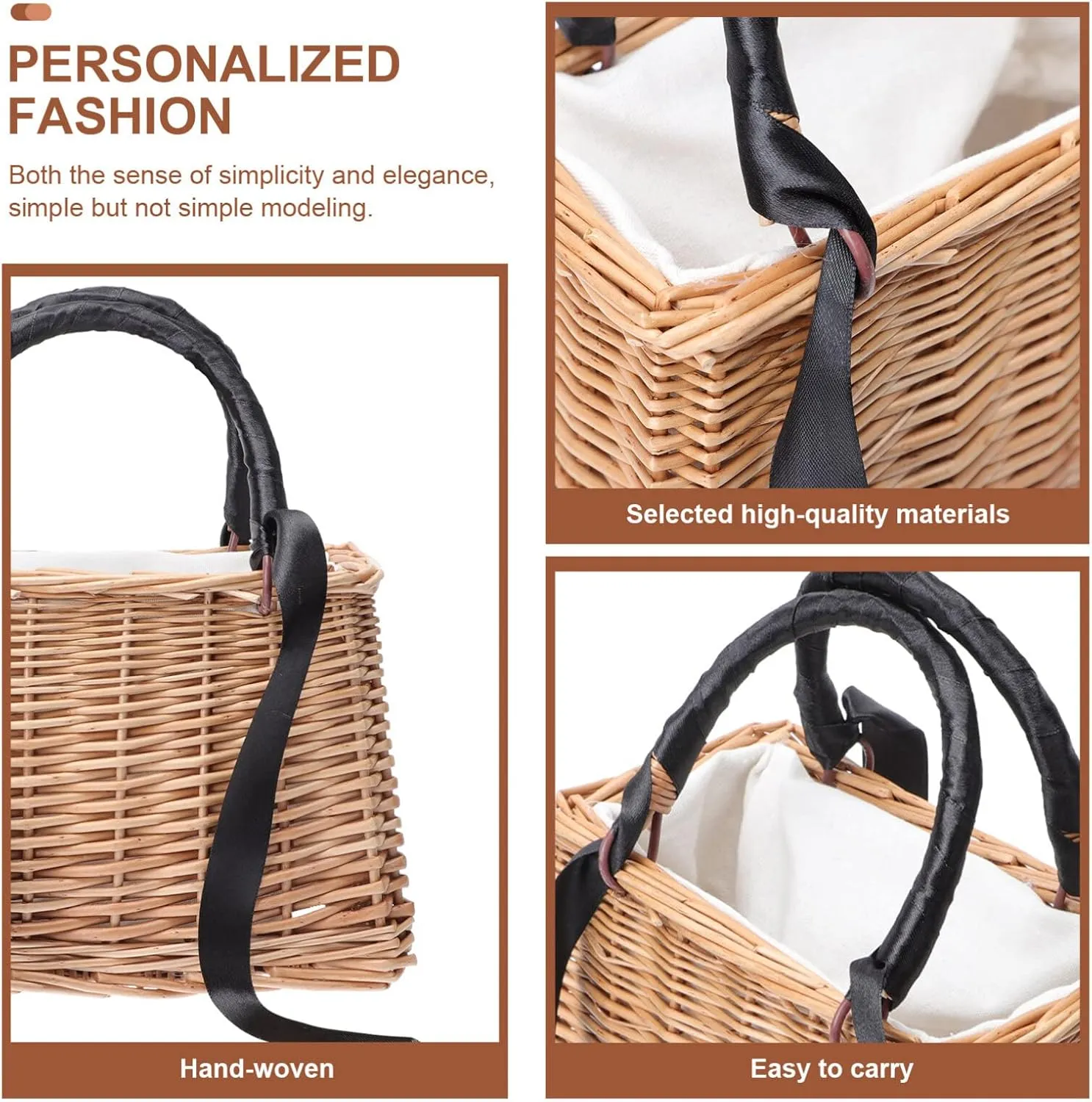 ABOOFAN Wicker Handbag Woven Rattan Storage Basket Top Handles Wedding Flower Girl Baskets Boho Style Beach Bag Straw Tote Retro Summer Clutch Beach Basket Purse Black