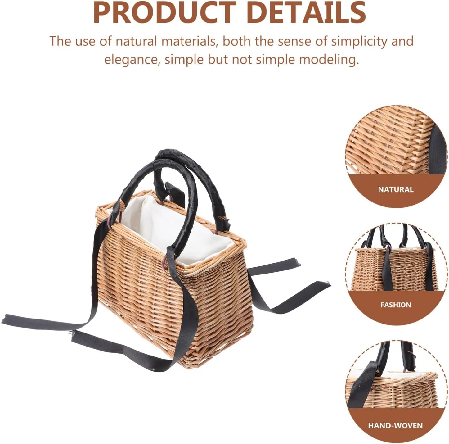 ABOOFAN Wicker Handbag Woven Rattan Storage Basket Top Handles Wedding Flower Girl Baskets Boho Style Beach Bag Straw Tote Retro Summer Clutch Beach Basket Purse Black