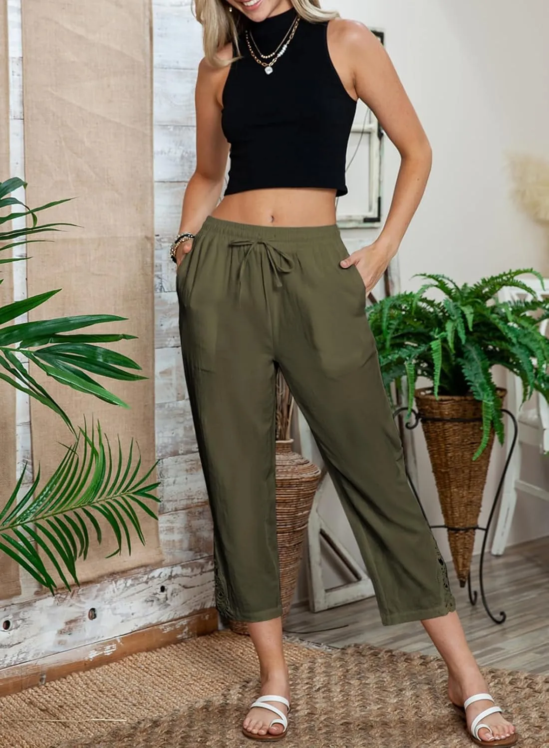 Acelitt Women Casual Lightweight Drawstring Elastic Waist Pants with Pockets, S-XXL