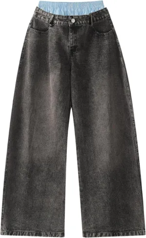 Aelfric Eden Double Waist Loose Sagging Jeans Baggy Denim Pants High Waist Stretchy Straight Wide Leg Jeans